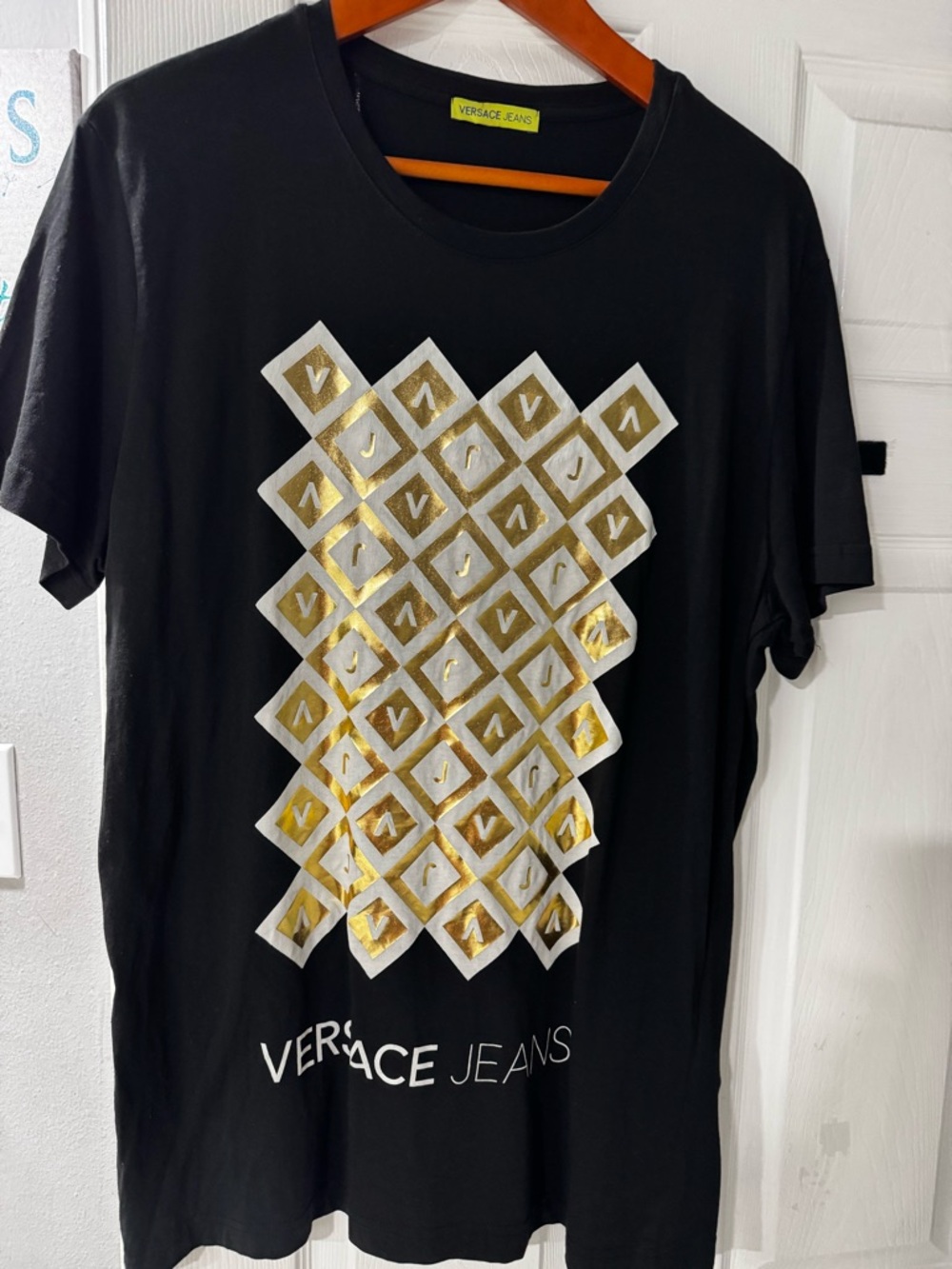 Versace Jeans Collection Black T-Shirt with Gold and White Geometric Print